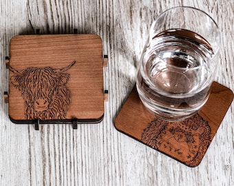 Wildlife Coasters | Set of 4 with Holder | Mix + Match Original Animal Coasters | Engraved Cherry Wood