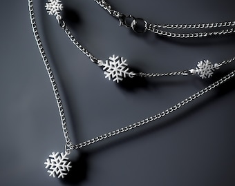 Layered Gloss White Snowflake Necklace - Two strands - Gift Box Included - Multiple, adjustable length options