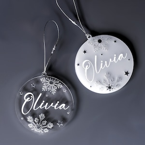 Personalised Christmas Bauble - snowflake and star frosted and clear acrylic name ornament - gift box optional