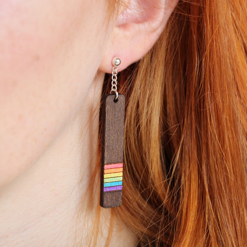 Wood & Rainbow Pride Earrings Drop Stud Earrings Gift Box Included image 2