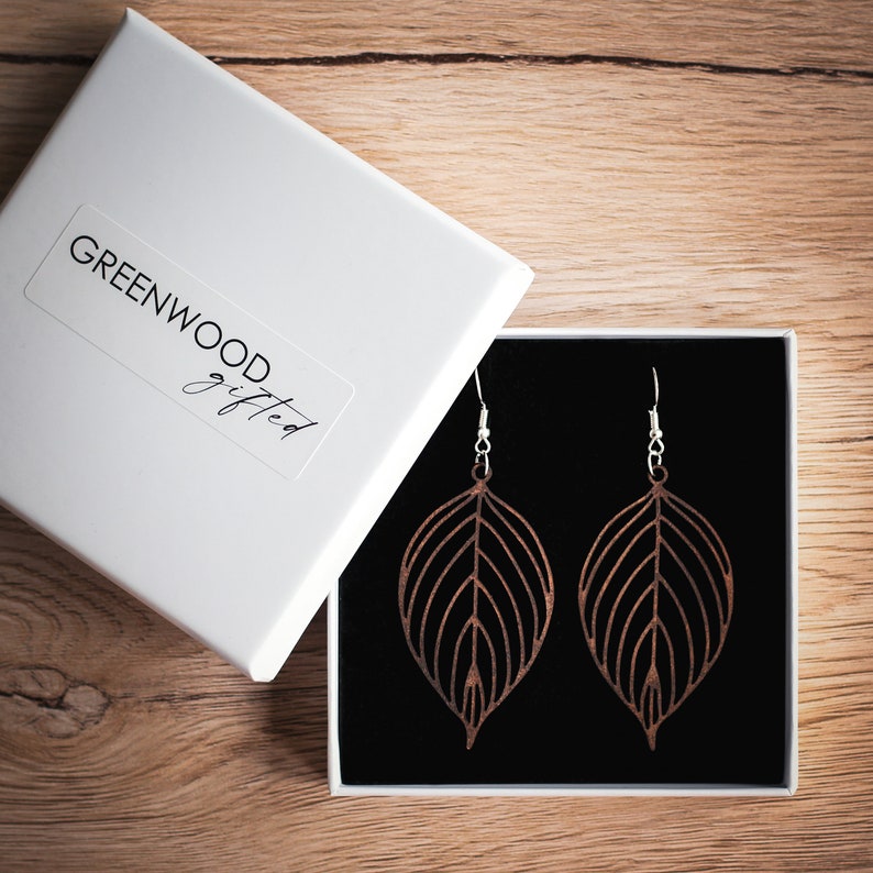 Wooden Leaf Earrings Gift Box Included Lightweight Wood Earrings Long Leaf Earrings image 6