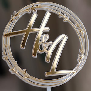 Monogram Cake Topper | White and Gold Wedding Cake Topper | Initials Cake Topper