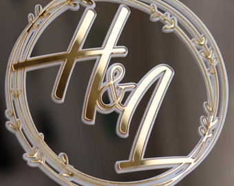 Monogram Cake Topper | White and Gold Wedding Cake Topper | Initials Cake Topper