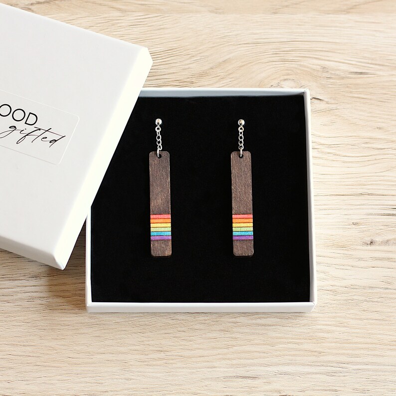 Wood & Rainbow Pride Earrings Drop Stud Earrings Gift Box Included image 3