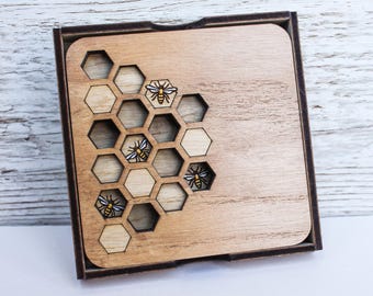 Bienen Untersetzer mit Halter | Umweltfreundliche Haushaltswaren aus Holz | Bienenliebhaber Geschenk