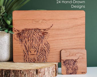Juego de manteles individuales y posavasos de madera con forma de animales / Manteles individuales con motivos de fauna salvaje dibujados a mano / 24 diseños para combinar