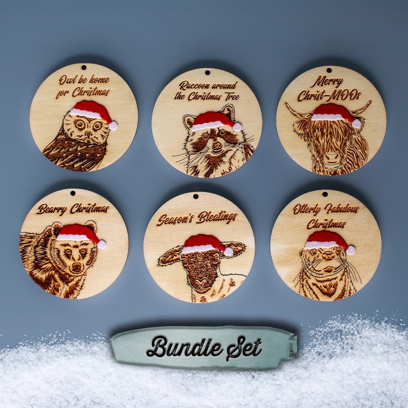 Bundle set of 6 animal Christmas tree ornaments. Included are: highland cow, owl, sheep (lamb), otter, bear and raccoon.