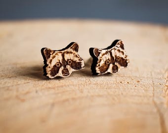 Raccoon Earrings | Engraved Wooden Studs | Raccoon Gifts