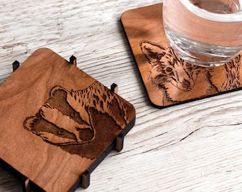 Woodland Animal Coaster Set | 4 coasters with holder | Deer, Fox, Badger, Hare