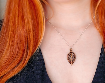 Chery Wood Leaf Necklace | Wood Pendant Necklace | Laser Cut Wood Necklace with Gift Box