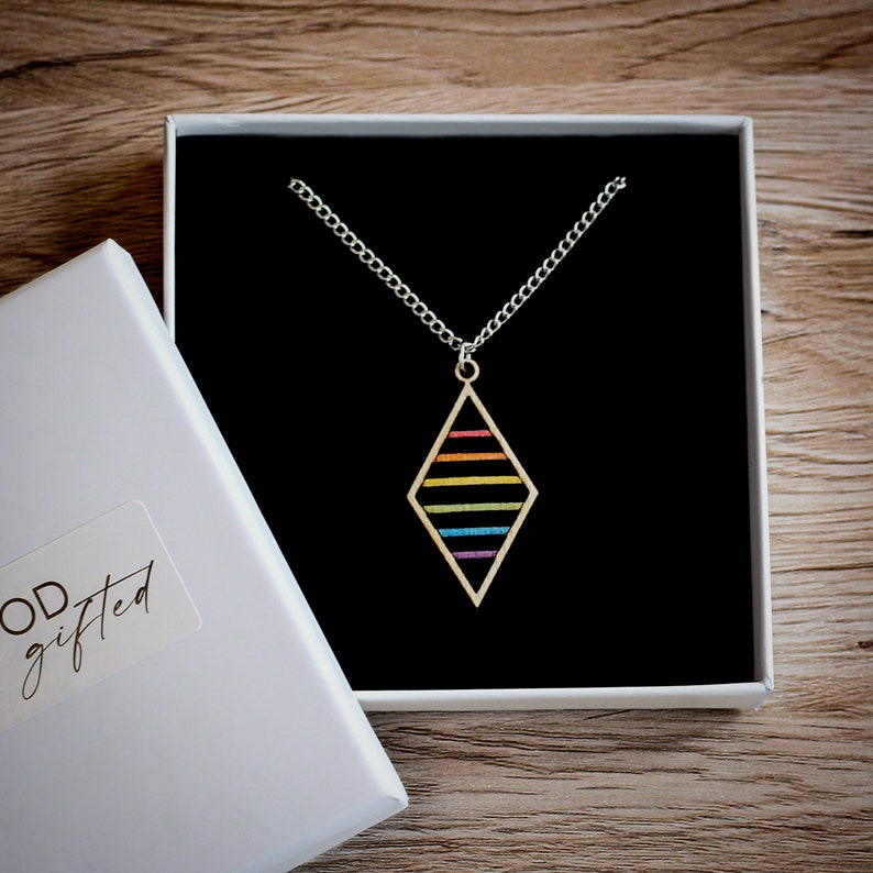 Pendant Necklace presented in gift box. The gift box is white laminated with Greenwood Gifted branding and the necklace sits on black foam within the gift box ready for gifting.