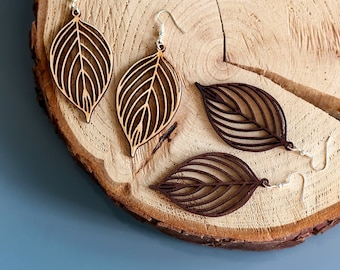 Wooden Leaf Earrings | Gift Box Included | Lightweight Wood Earrings | Long Leaf Earrings