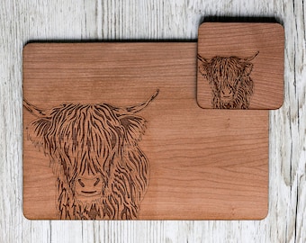 Highland Cow Coaster and Placemat Set | Highland Cow Gifts | Highland Cow Homeware