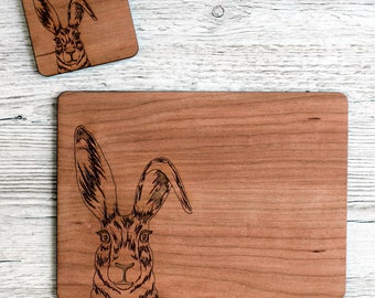 Hare placemats and coaster set | Engraved Cherry Wood Tableware | Wooden Dining Set