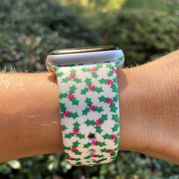 Christmas Holly Red and Green Silicone Watch Band compatible with Apple Watch