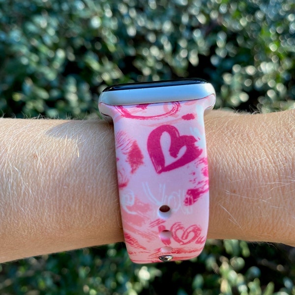 Handwritten Love Hearts Valentine's Day Silicone Watch Band compatible with Apple Watch Band