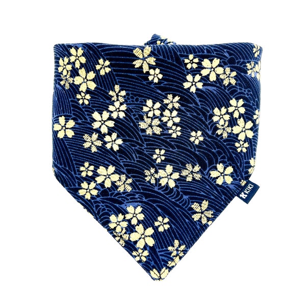 Wave Cherry Blossom, Navy Blue, Dog Bandana, Cat Bandana, Tie and Snap Bandana, Kimono, Kawaii, Japanese, Gifts for Her, Dog Mom Gift