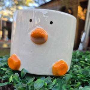May include: A white ceramic plant pot with a duck design. The pot has an orange beak and feet, with black dot eyes. The pot is displayed on a bed of green leaves.