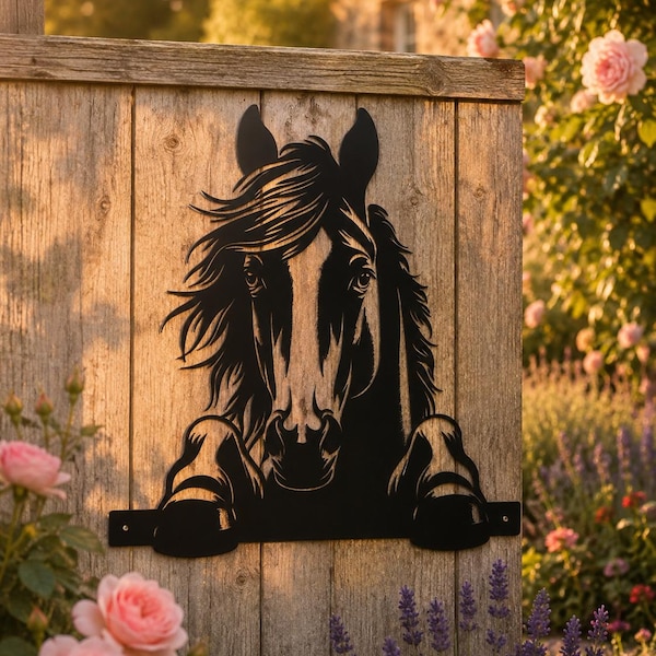 Horse Metal Wall Art - Black Horse Fence Topper - Equestrian Stables Garden Decor - Outdoor Metal Garden Ornament - Horse Lover Gift