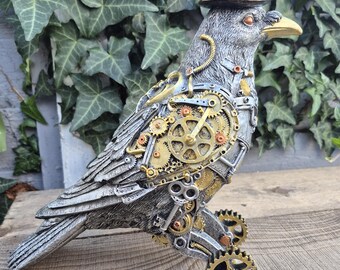Adorno de pájaro Steampunk - Decoración gótica de resina - Escultura de pájaro cuervo mecánico de fantasía - Decoración única para el hogar