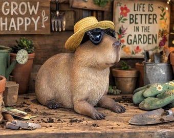 Adorno de jardín de capibara con sombrero y gafas de sol – Decoración de exterior de resina