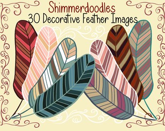 Shimmerdoodles 30 Feathers Clip Art Images | stickers | clipart | scrapbooking | journaling | crafts | digital art | invitations card making