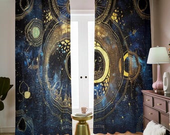 Celestial Blackout Curtains: Mystical Moon & Stars, Dark Academia Decor