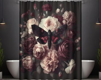 Dark Academia Moth & Flower Shower Curtain: Gothic Cottagecore Decor