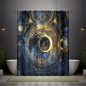 Rideau de douche gothique céleste - Design astral doré cosmique, décoration de salle de bain carte stellaire vintage, esthétique sorcière