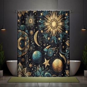 Rideau de douche gothique céleste - Design astral doré cosmique, décoration de salle de bain carte stellaire vintage, esthétique sorcière