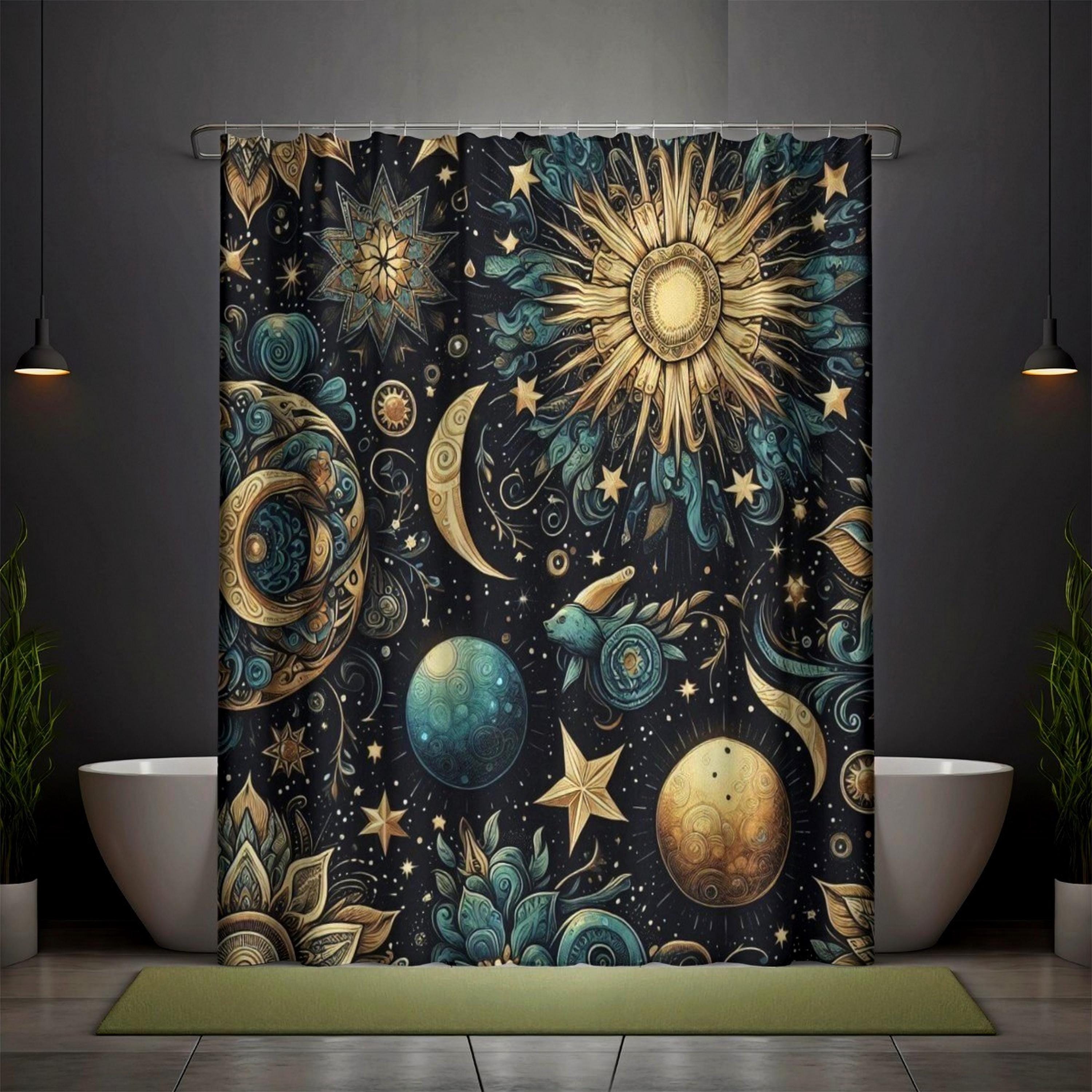 Celestial Shower Curtain: Gold Astral Star Map, Gothic Bathroom Decor