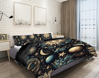 Celestial Duvet Cover Set: Black and Gold Gothic Cosmic Bedding