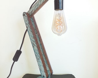 Table lamp, wooden lamp, desk lamp, patinated lamp, articulated lamp, industrial type lamp, floor lamp, unique piece