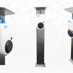May include: Three silver metal electric vehicle charging stations with a white and blue charging unit attached to each. The charging units have the text "go-e" printed on them.