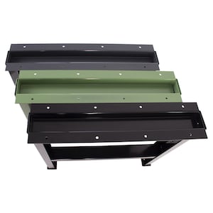 May include: Three metal workbench legs in black, green, and gray. The legs have a rectangular shape with a lip on the top and holes along the sides.