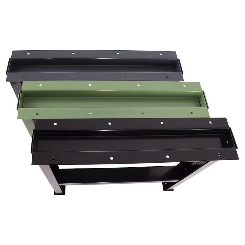 May include: Three metal workbench legs in black, green, and gray. The legs have a rectangular shape with a lip on the top and holes along the sides.