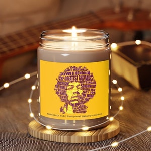 Jimi Hendrix Candle, 9oz | Legendary Guitarist | Gift for Fan | Purple Haze Voodoo Child | Woodstock | 1960's Rock & Roll | Vegan Soy Candle