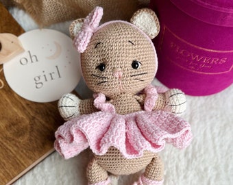 Amigurumi speelgoed, schattig kitten speelgoed, baby shower cadeau, gehaakte kitten pop in roze jurk, nieuwe babygift, zacht knuffelig kitten