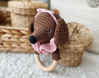Crochet Rattle, Cute Dachshund Rattle, Dachshund Toy,  Baby Shower Gift, Christening Gift, New Baby Gift, New Mom Gift, dog rattle
