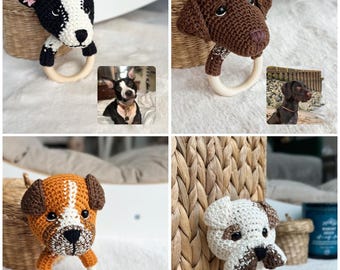 Custom Crochet Dog Rattle – Personalized Amigurumi Puppy Toy from Your Pet's Photo – Baby Safe Keepsake Gift, Pet Memorial