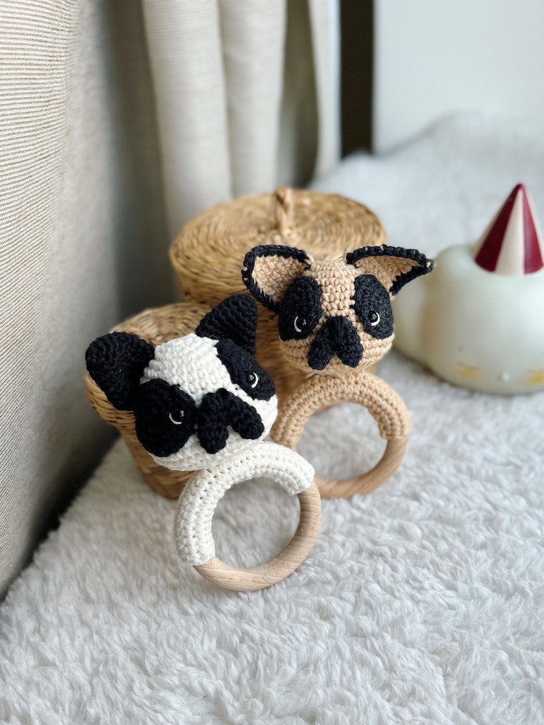 Crochet Rattle, Cute Bulldog Rattle, French Bulldog Toy, Baby Shower Gift, Christening Gift, New Baby Gift, New Mom Gift, dog rattle image 1