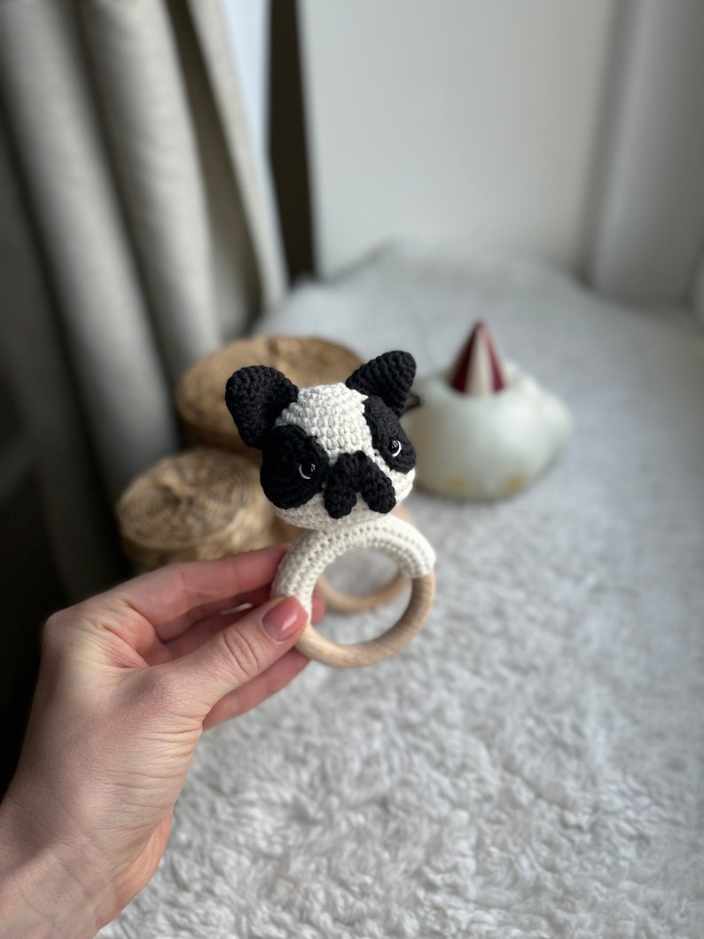 Crochet Rattle, Cute Bulldog Rattle, French Bulldog Toy, Baby Shower Gift, Christening Gift, New Baby Gift, New Mom Gift, dog rattle image 3