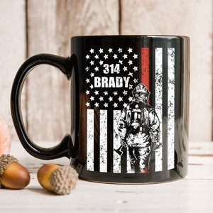 Personalized Custom Name Volunteer Firefighter, Fireman Thin Red Line Fire Department American Flag, Black Ceramic Coffee Tea Mug.