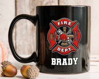 Firefighter Logo Personalized Mug With Name, Fireman Thin Red Line Fire Department American Flag, Black Ceramic Coffee Tea Mug.