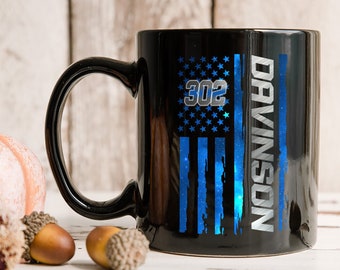 Police Name Badge Number Flag Personalized Mug, Back Law Enforcement American Flag, First Responder Ceramic Coffee Mug.