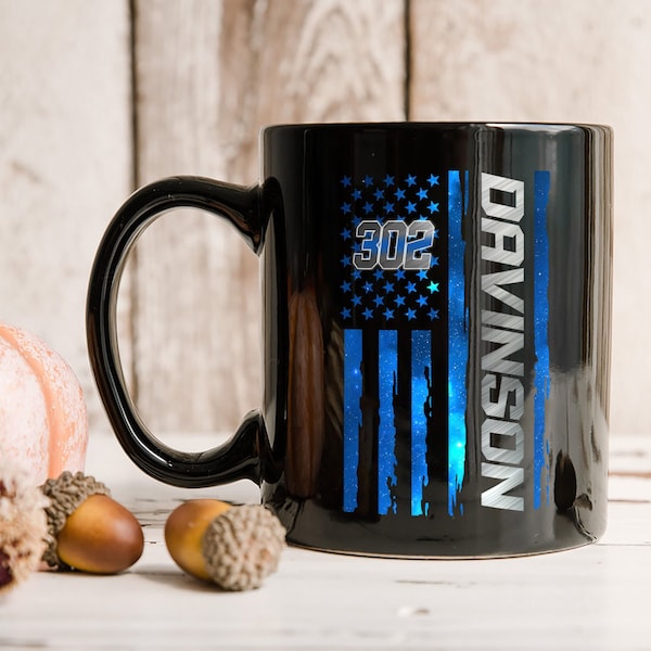 Police Name Badge Number Flag Personalized Mug, Back Law Enforcement American Flag, First Responder Ceramic Coffee Mug.