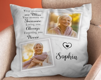 May include: White throw pillow with a marble-like background. The pillow features two photos of older women and the text "Your presence we Miss, Your memory we Treasure, Loving you Always, Forgetting you Never, Sophia".