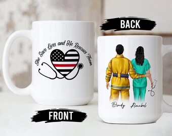 Firefighter And Nurse Couple Thin Red Line Personalized Coffee Mug, Custom Patriotic Gift, Gift For Fireman, Nurse.