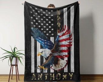Custom Name Army Blanket, Military Soldier Veteran Thin Line, American Flag Custom Blanket, Gifts For Men, Retirement Gifts, Home Decor