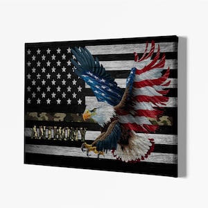 Custom Name Army Canvas, Military Soldier Veteran Thin Line, American Flag Canvas Prints, Gifts For Men, Retirement Gifts, Wall Art Decor